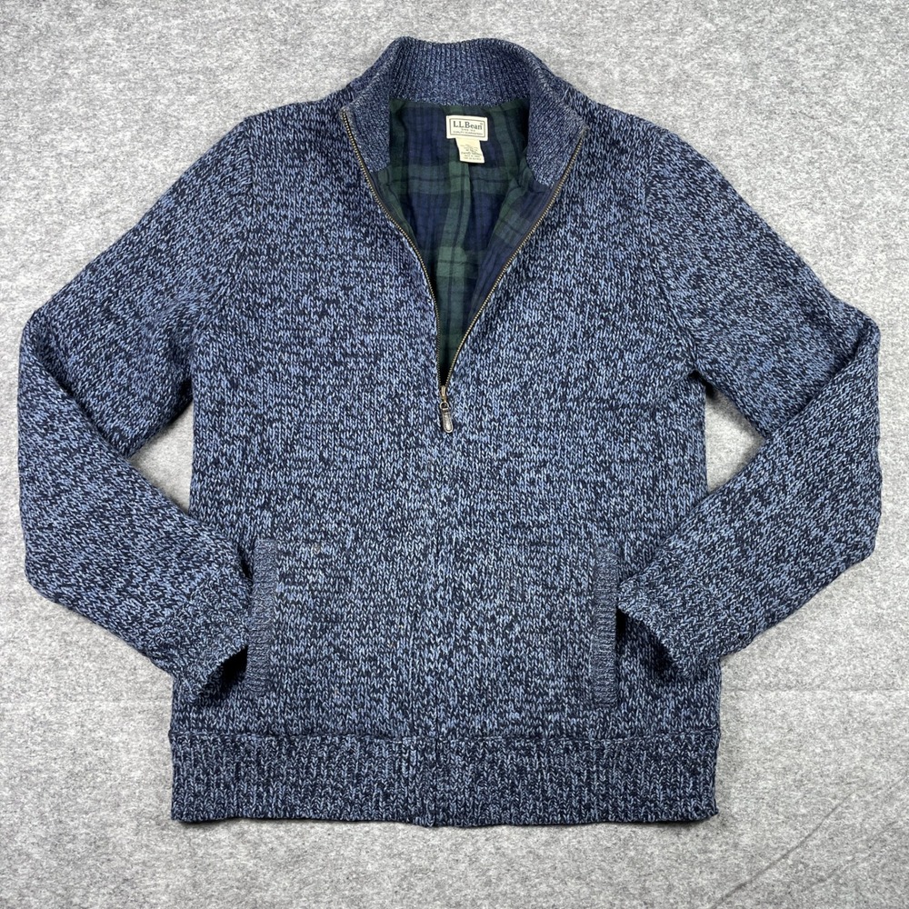 LL Bean Sweater Mens M-Tall Blue Lambswool Flannel Tartan Lined Quarter Zip